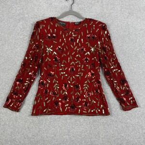 VTG Royal Feelings Red Silk Beaded Floral Evening Blouse Womens Size S Cocktail